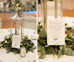 Garden Inspired Wedding Centerpiece with a Lantern and Greenery