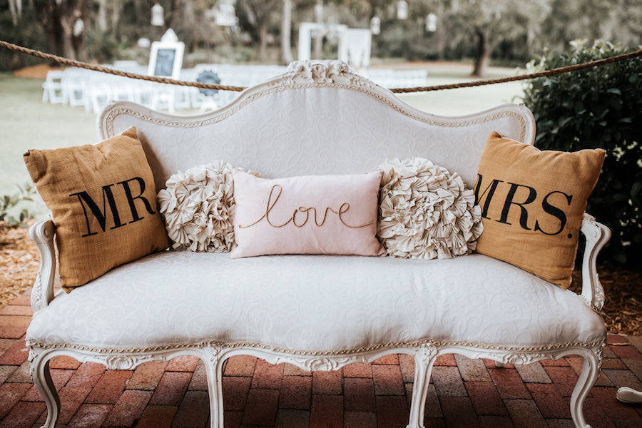 Vintage Sweetheart Wedding Reception Seating Decor with Burlap Pillows