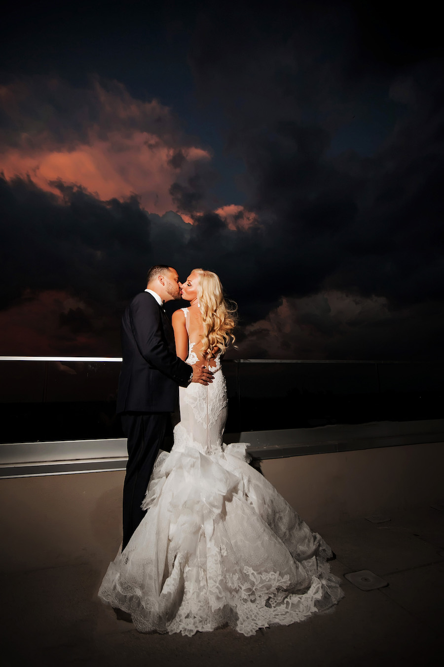 Sunset Rooftop Bridal Wedding Portrait with Pnina Tornai Wedding Dress | Downtown St. Pete Wedding Photographer Limelight Photography