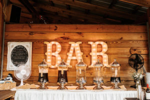 Vintage, Rustic Inspired Wedding Bar Ideas with Marquee Sign | Cross Creek Ranch Weddings