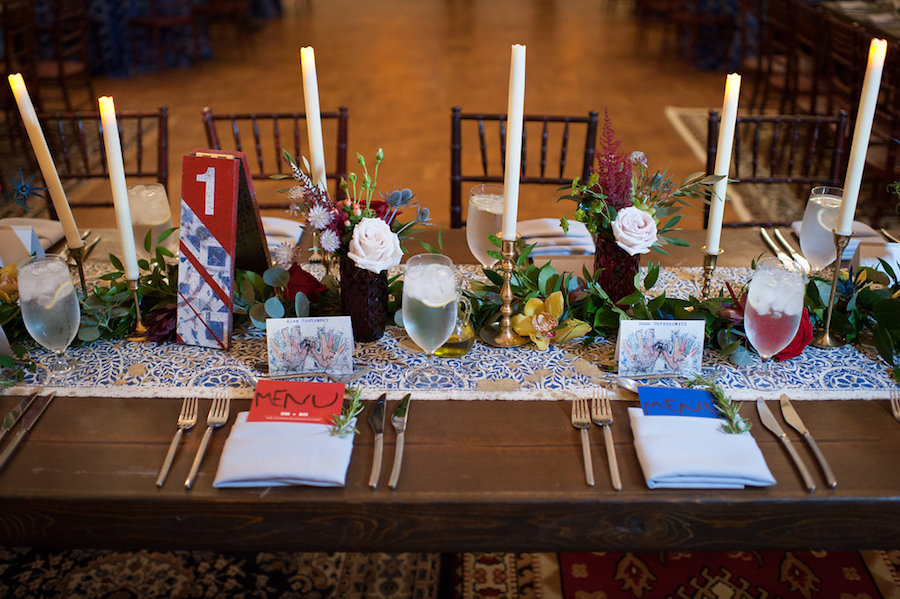 Florida Bohemian Modern Museum Wedding Reception Vintage Farm Tables with Wooden Chiavari Chairs and Ikat Table Runner with Candlestick Decor | Tampa Bay Vintage Rental Company Reserve Vintage Rentals