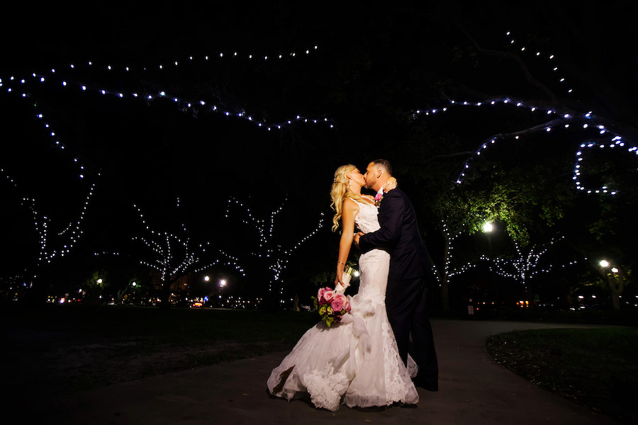 Nighttime Vinoy Park Bridal Wedding Portrait with Pnina Tornai Wedding Dress | Downtown St. Pete Wedding Photographer Limelight Photography