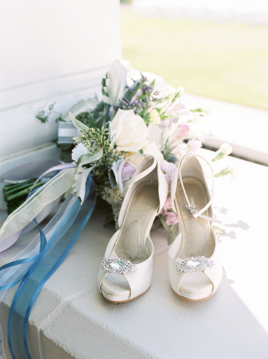 Bridal Peep Toe Ivory Wedding Shoes with Rhinestone Accent and Bridal Bouquet