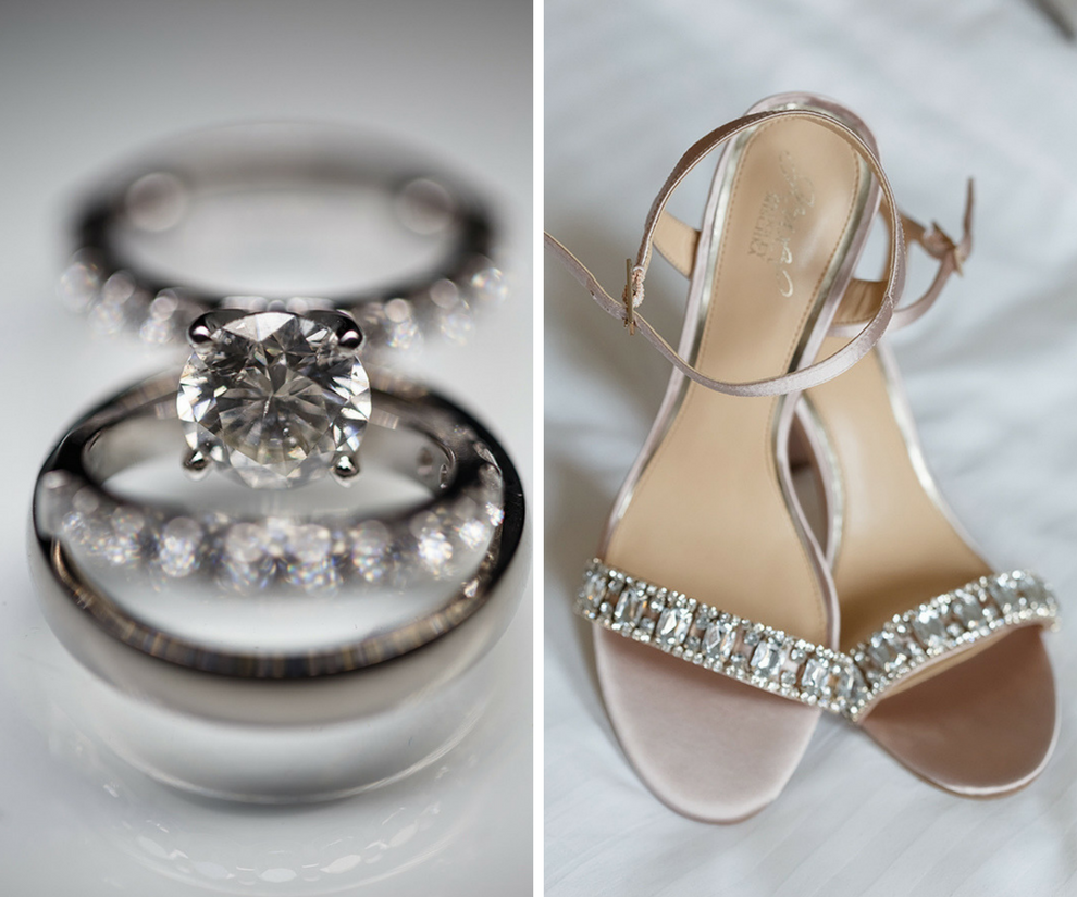 Round Diamond Engagement Ring and Rhinestone Open Toe Wedding Shoes