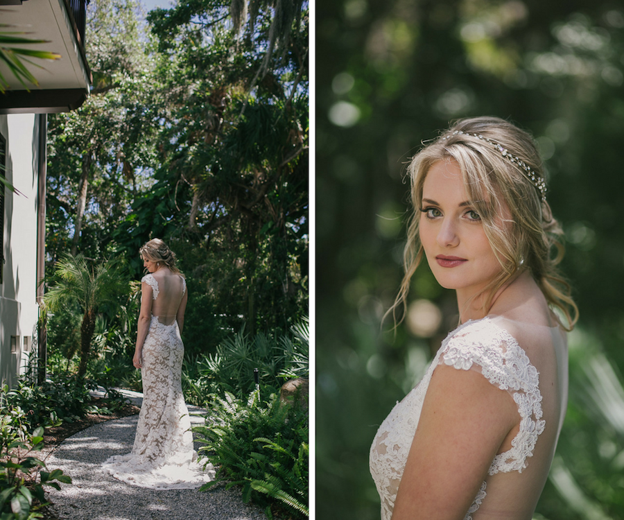 Bride Portrait on Wedding Day with Lace Sweetheart Wedding Dress by Reem Acra from Sarasota Bridal Shop Calvet Couture Bridal (formerly Blush Bridal Sarasota)