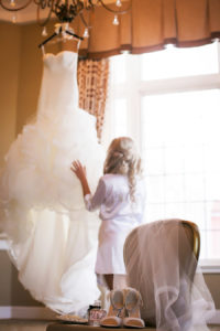 Bridal Getting Ready Wedding Portrait |Ivory Strapless Drop Waist Pronovias Wedding Dress | Pronovias Wedding Dress | Tampa Wedding Photographer Limelight Photography