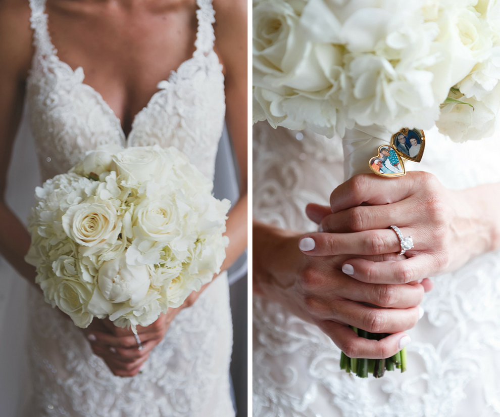 White and Ivory Rose and Hydrangea Wedding Bouquet with Memory Locket | St. Petersburg Wedding Photographer Brian C. Idocks Photographics