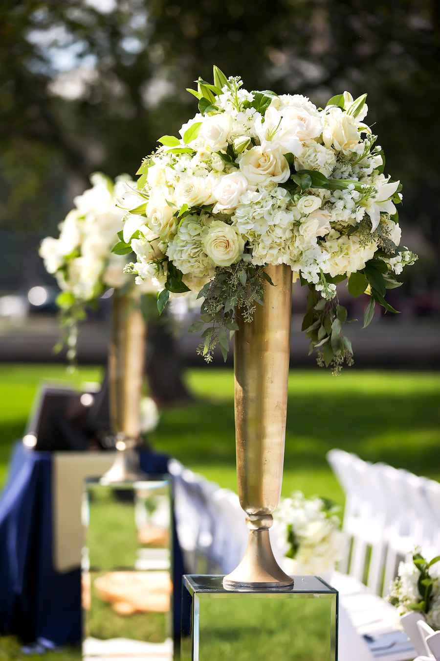 Tall White, Green and Gold Elegant Wedding Ceremony Flowers Decor on Mirrored Pedestals