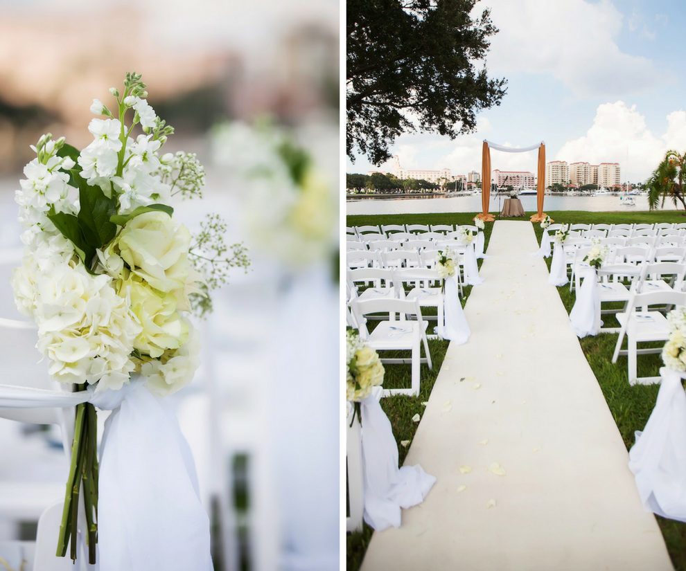 White Wedding Chair Aisle Runner Ceremony Flowers with Aisle Runner and Draped Altar | Waterfront Downtown St. Pete Wedding Ceremony Location | St. Petersburg Wedding Planner Parties a la Carte