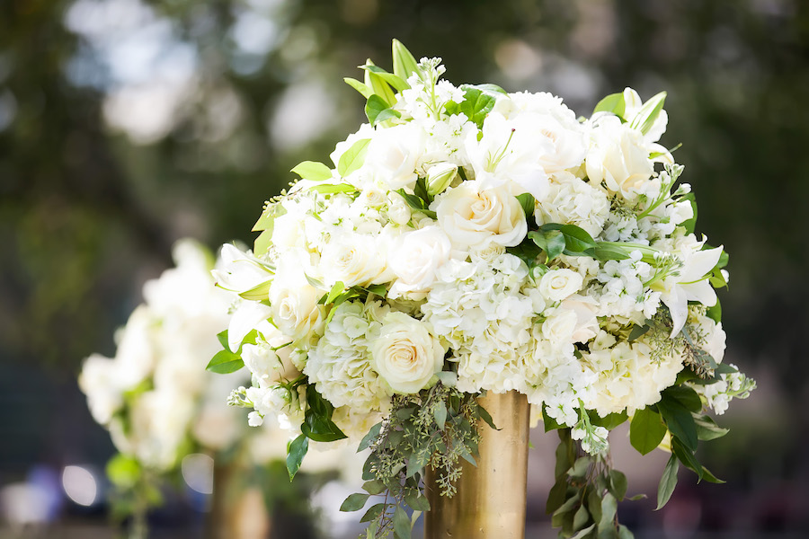 Tall White, Green and Gold Elegant Wedding Ceremony Flowers Decor on Mirrored Pedestals