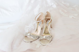 White-Ivory Open Toed Badgley Mischka Shoes with Rhinestone Accent