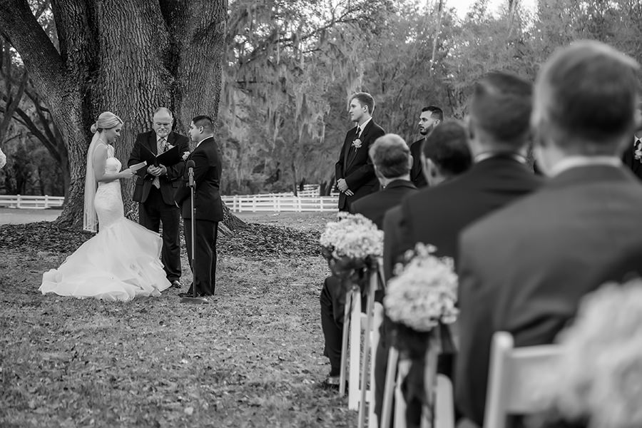 Elegant Rustic Outdoor Wedding Ceremony with Mermaid Pnina Tornai Wedding Dress and White Floral with Gray Ribbon Aisle Decor on White Folding Chairs | Tampa Bay Wedding Venue The Lange Farm | Photographer Brian C Idocks Photographics