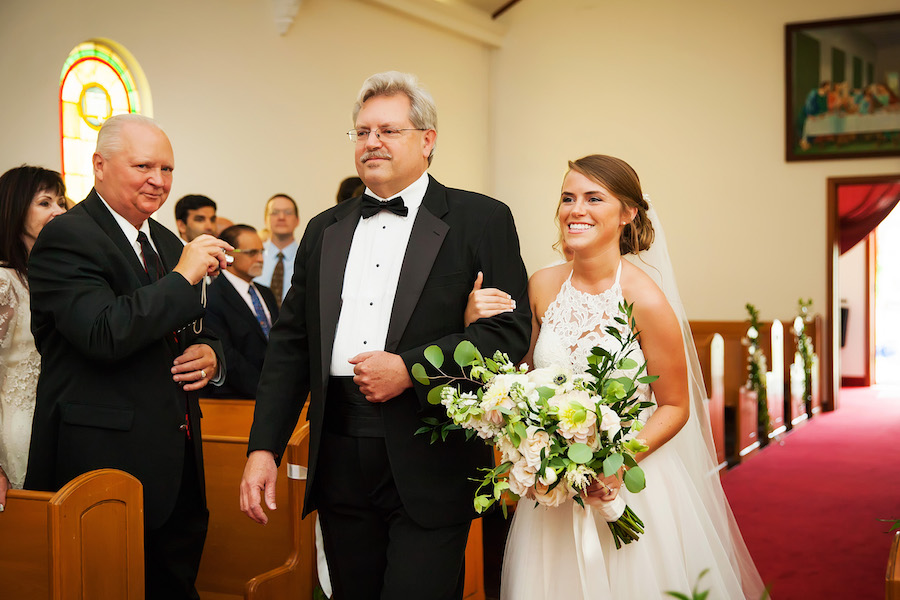 Father and Bride Down the Aisle Portrait with White Floral and Greenery Bouquet | Tampa Bay Photographer Limelight Photography