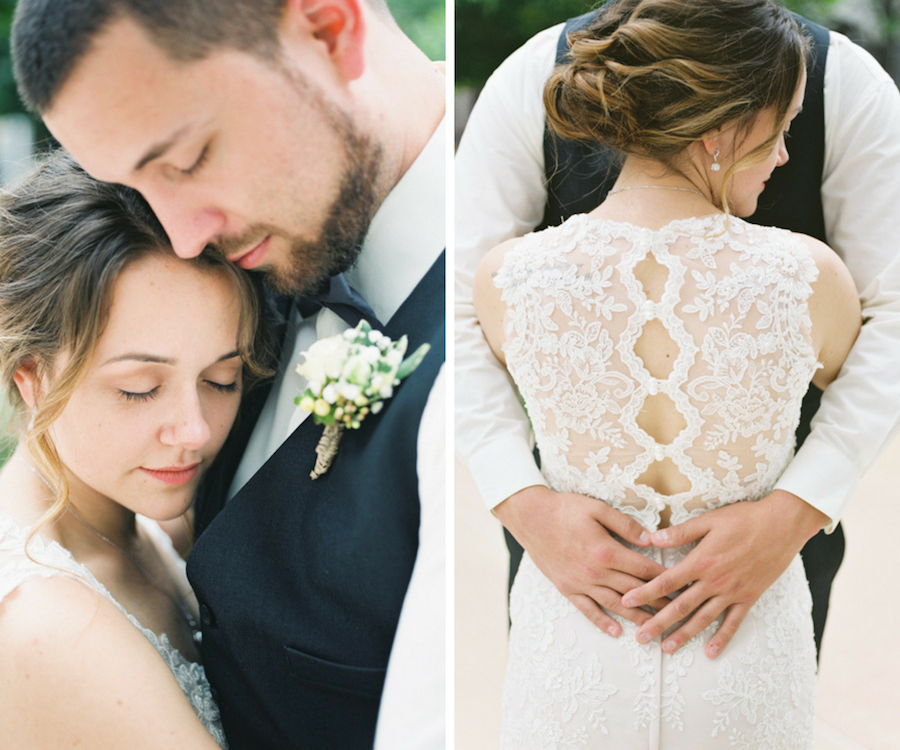 Bride and Groom Portrait with White Boutonnière and Sheer Lace Buttoned Wedding Dress