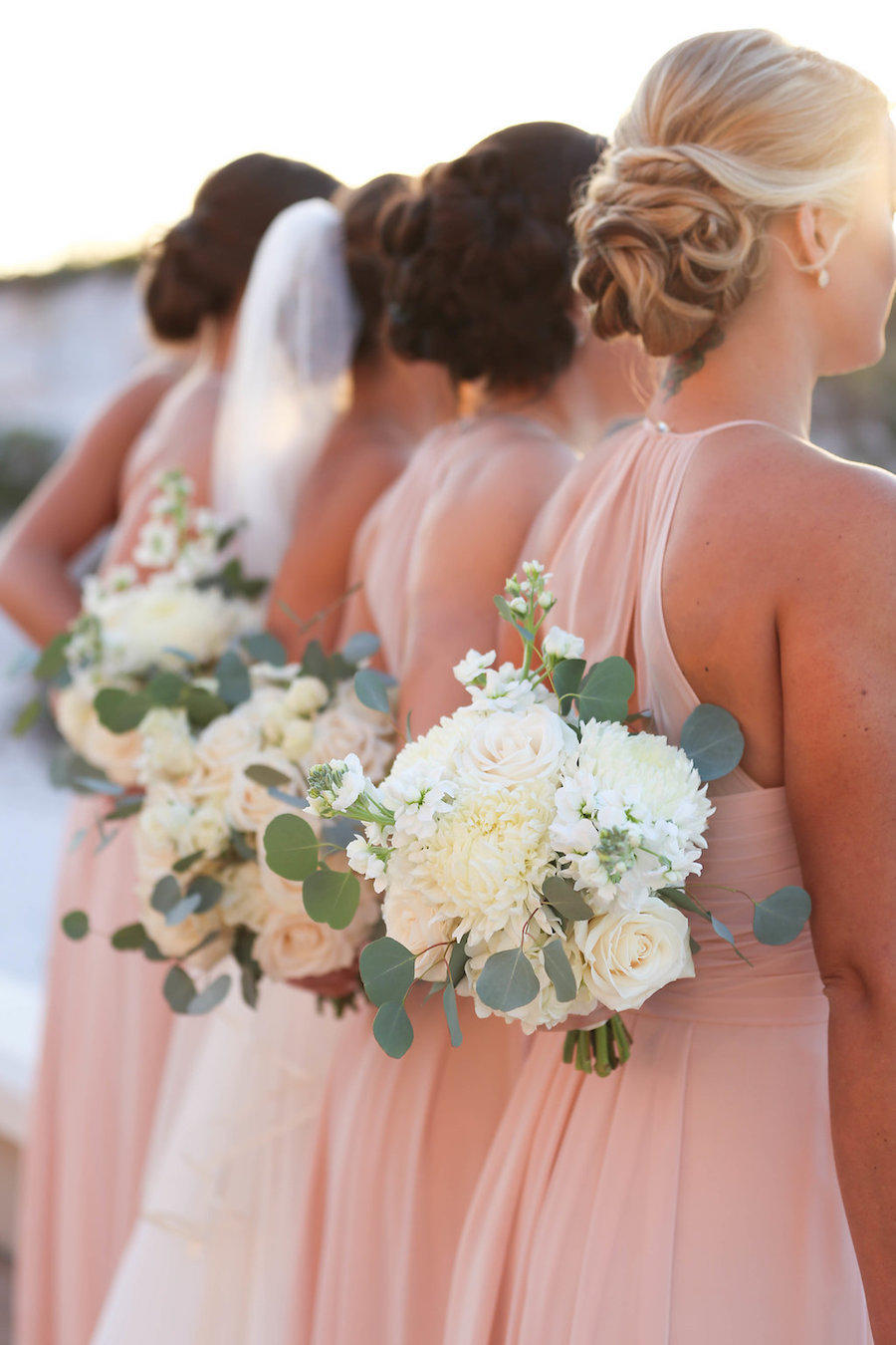 Bridal Party Portrait with Blush Tulle Azazie Bridesmaid Dresses and White Rose with Natural Greenery Bouquets | Tampa Bay Wedding
