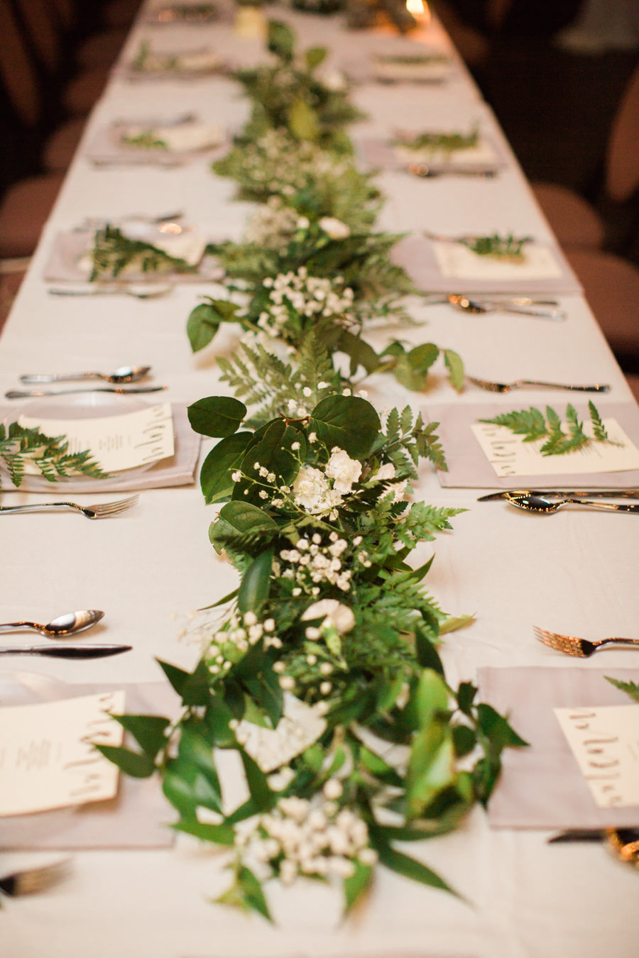 Rustic Natural Wedding Reception Long Table Decor with White Baby's Breath and Greenery Centerpiece