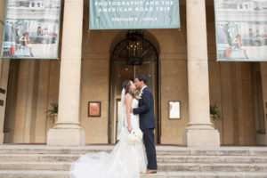 Outdoor Portrait of Bride and Groom with White and Blush Rose Bouquets | Tampa Bay Wedding Photographer Kristen Marie Photography