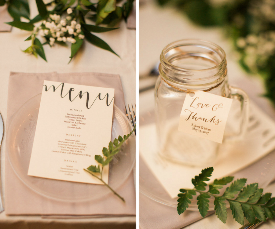 Rustic Natural Wedding Reception Table Decor Greenery with Stylish Menu Card and Mason Jar Thank You Gift