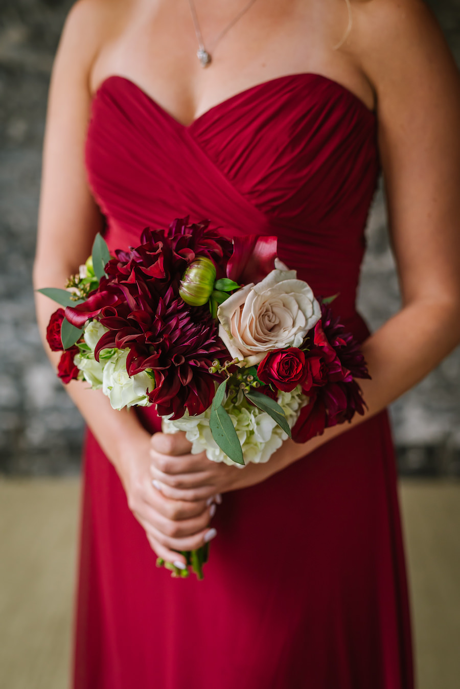 Strapless Bordeaux Bridesmaid Dress with Dark Red and Blush Rose, White Hydrangea and Greenery Bouquet