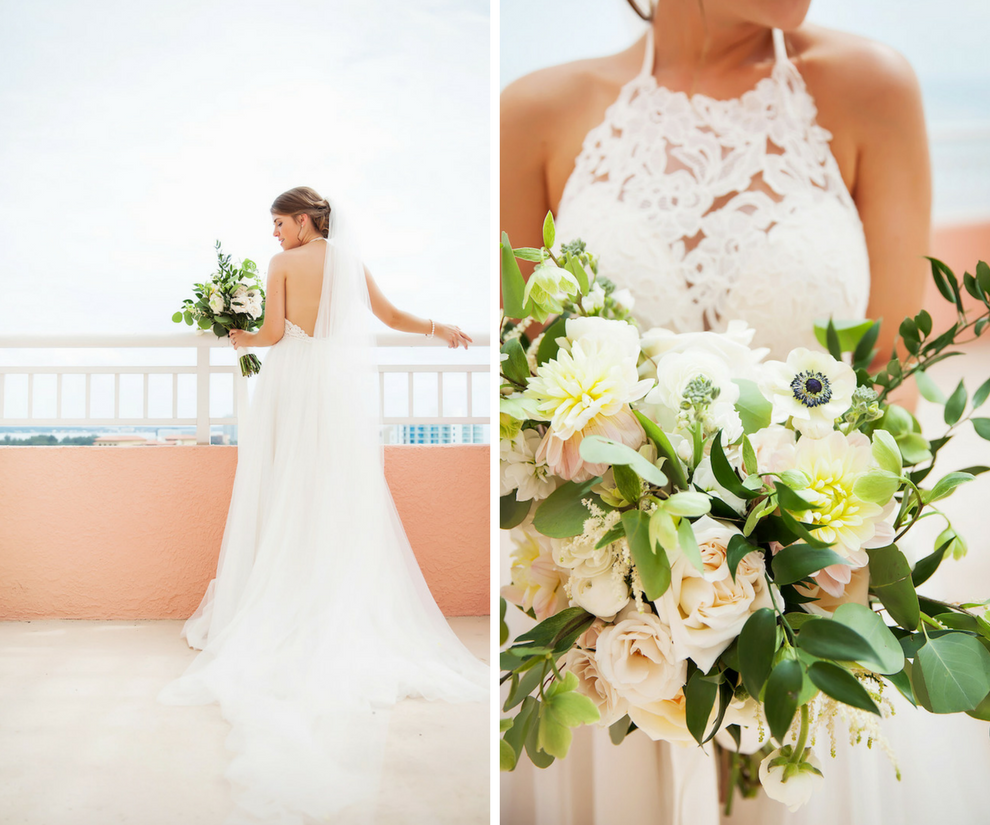 Outdoor Bridal Portrait wearing Lace Princess Scoopneck Watters Wedding Dress and White, Peach and Greenery Bouquet | Clearwater Beach Wedding Photographer Limelight Photography