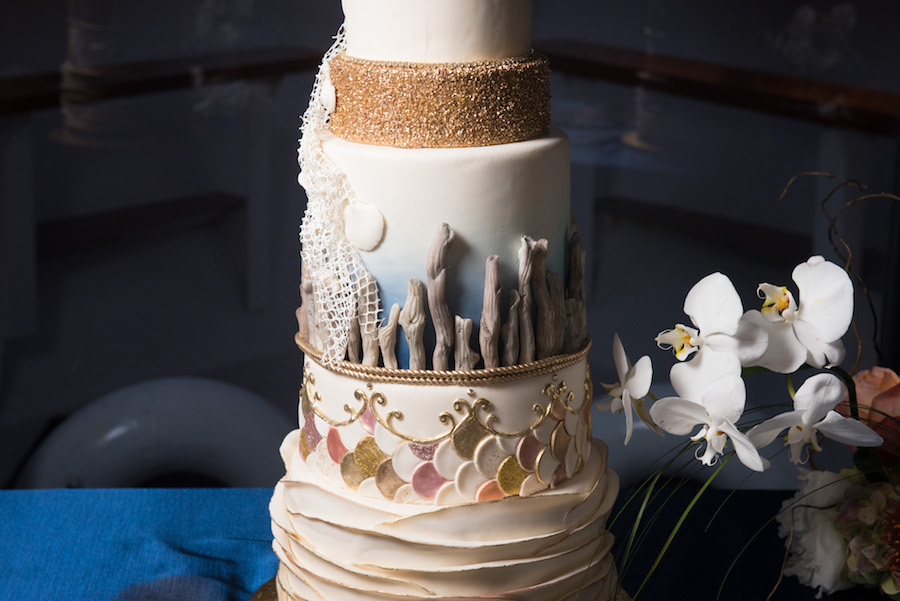 Tall Round Nautical Ocean Themed Wedding Cake | Tampa Bay Wedding Cake Baker The Artistic Whisk