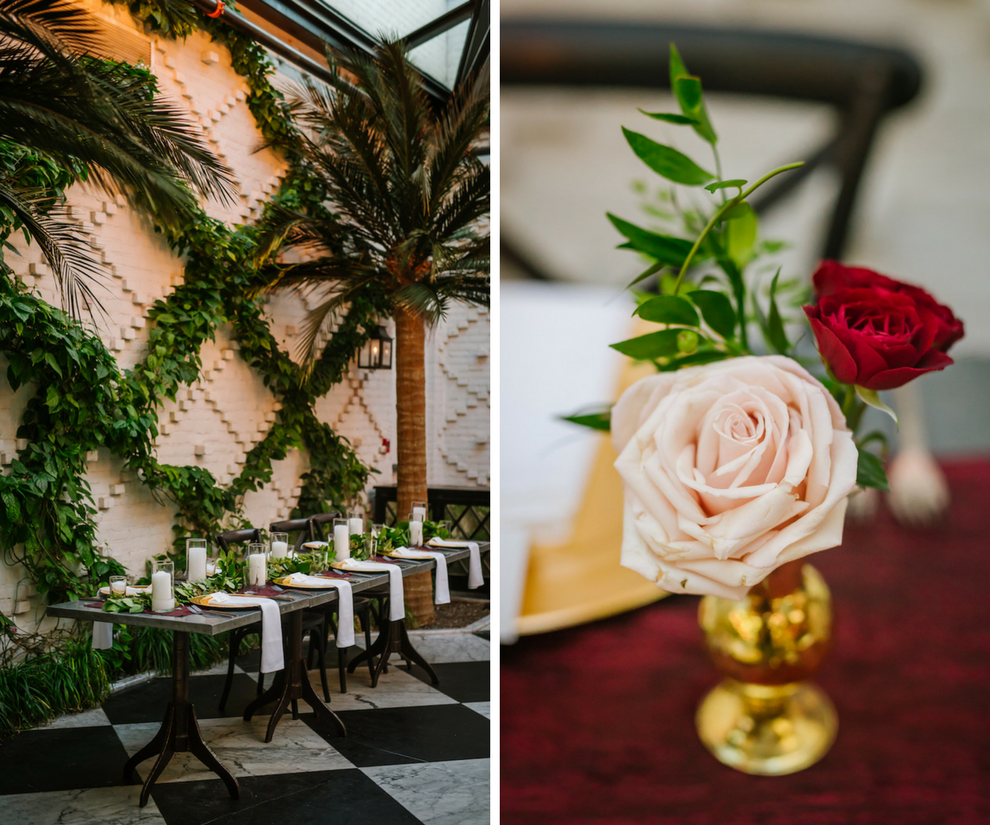 Elegant Rustic Great Gatsby Wedding Reception Decor with Long Tables with Gold Plates, Pillar Candles in Glass Vases, and Greenery on Bordeaux Linen Runner, and Small Blush and Red Rose Bouquet with Greenery in Short Gold Vase | Tampa Bay Wedding Planner NK Productions | Venue Oxford Exchange