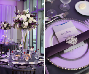 Tall Purple and White Wedding Centerpieces in Glass Vases and Silver Chargers | Elegant Wedding Reception Decor Ideas & Inspiration |  Signature Event Rentals, Gabro Event Services, Connie Duglin Linens
