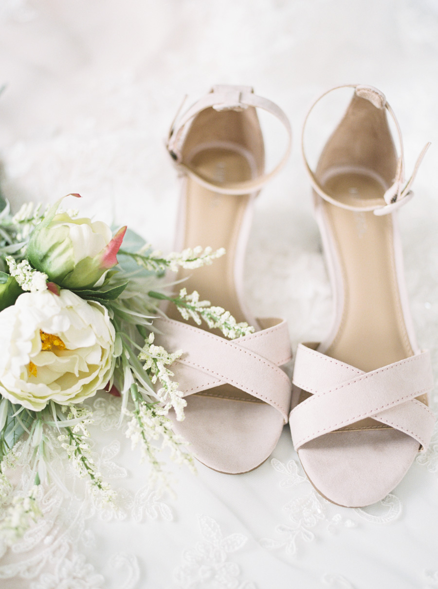 Ivory Strappy Sandal Wedding Shoes with White Floral Bouquet