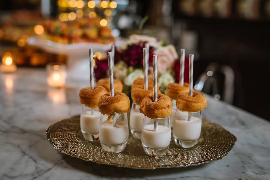 Elegant Rustic Gold and Bordeaux Wedding Silver Dessert Plate with Mini Donuts, Milk and Striped Straws