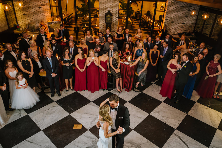 Elegant Rustic Great Gatsby Gold and Bordeaux Wedding First Dance Portrait, Bridesmaids in Bordeaux Dresses | Tampa Bay Wedding Venue Oxford Exchange