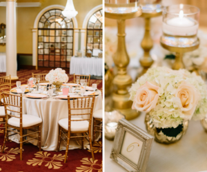 Elegant Gold Ivory and Blush Wedding Reception Decor at Tampa Bay Wedding Venue Safety Harbor Resort & Spa with Gold Chiavari Chairs, Low White Floral Centerpieces, and Gold Candleholders with Glass Votives | Tampa Bay Wedding Planner Special Moments Event Planning | Signature Event Rentals