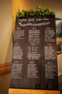 Handwritten Wooden Chalkboard Wedding Seating Chart with Greenery | Rustic Wedding Reception Decor