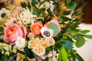 Peach, White, Yellow and Natural Greenery Wedding Reception Decor Centerpieces
