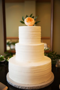 Elegant Simple Three Tier Round Wedding Cake with Peach Rose and Greenery Flower Topper