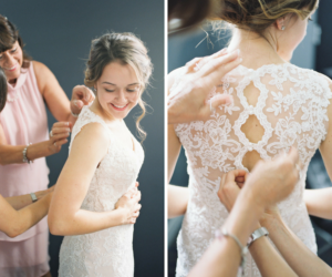 Bride Getting Ready Portrait with Sheer Lace Backed Wedding Dress