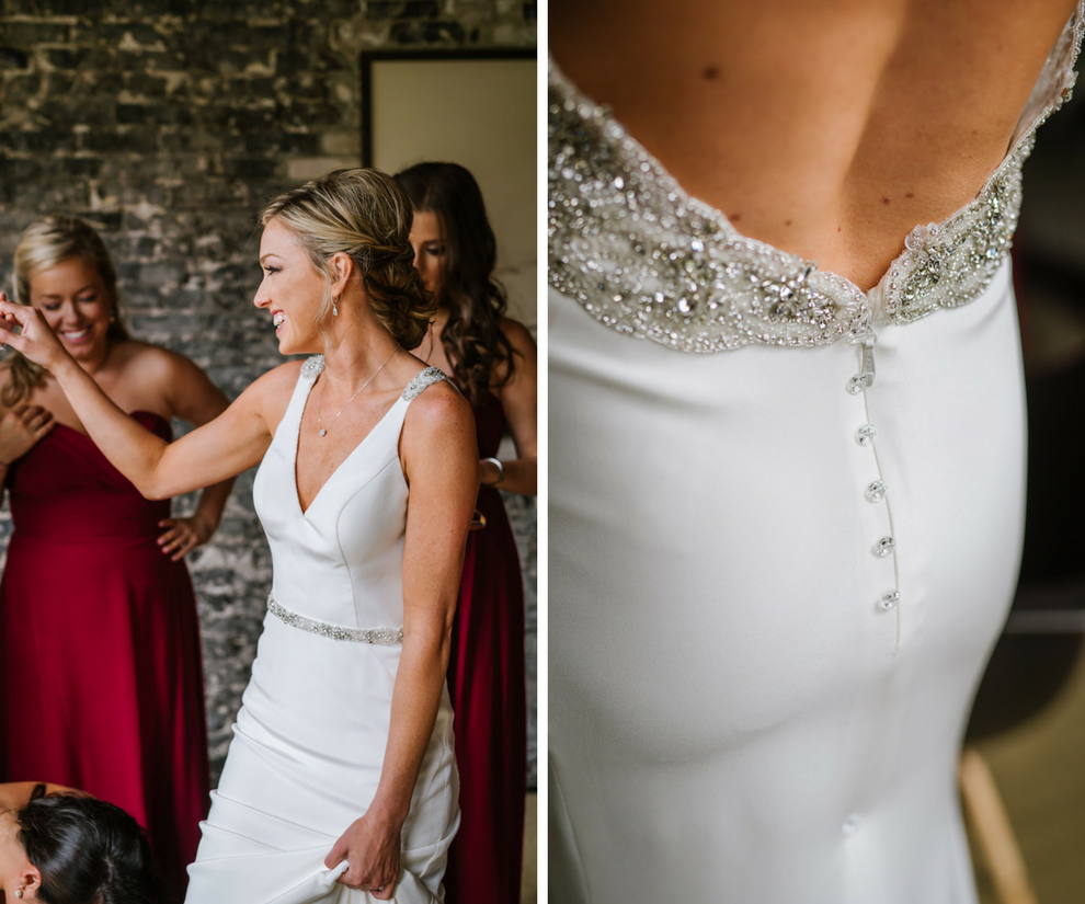 Bride Getting Ready Portrait with Beaded Backless Martina Liana Wedding Dress and Bordeaux Bridesmaids Dresses