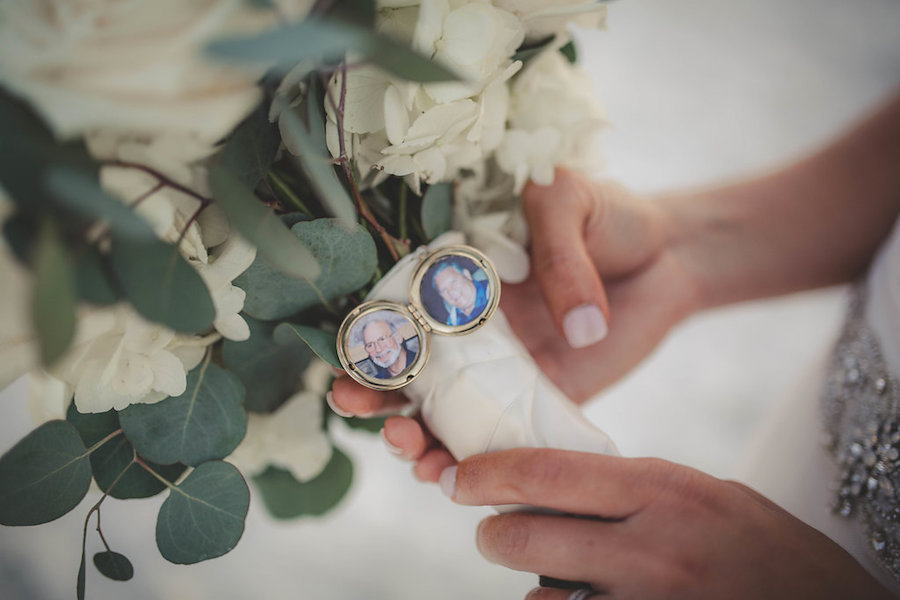 White Floral and Greenery Wedding Bouquet with Memory Charm Locket