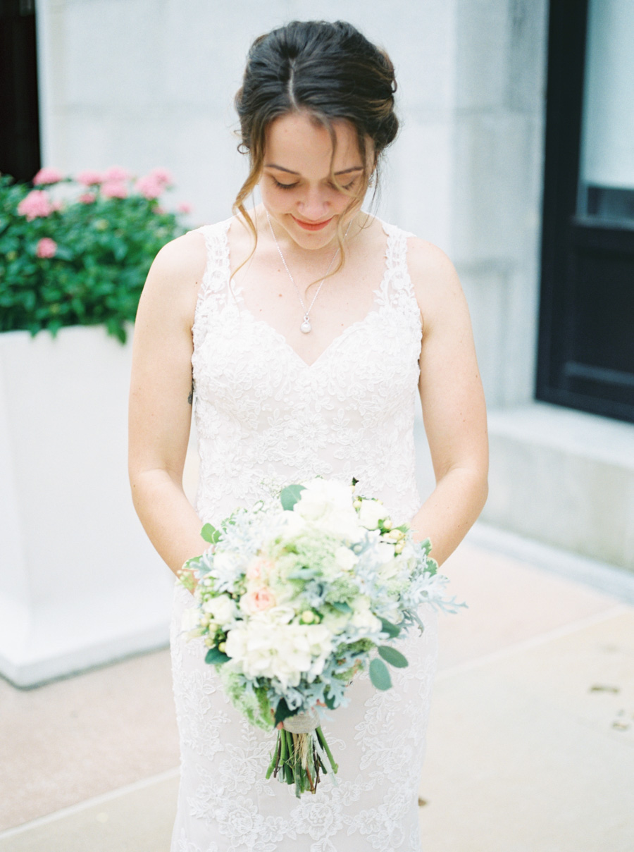 Outdoor Bridal Portrait with White Pink and Blue Bouquet with Greenery Wearing White Lace Trumpet Wedding Dress