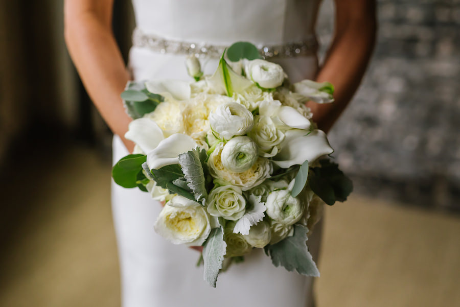 White Rose and Calla Lily Bouquet with Greenery and Silver Beaded Belted Wedding Dress