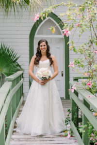 Bridal Portrait Wearing Watters Sweetheart Dress with White Floral Bouquet | Tampa Bay Wedding Ceremony Venue Church Andrews Memorial Chapel