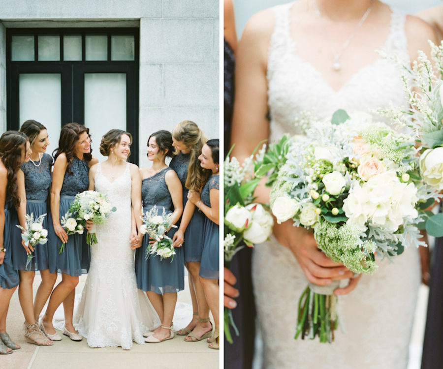 Outdoor Bridal Party Portrait with White Pink and Blue Bouquet with Greenery Wearing White Lace Trumpet Wedding Dress and Grey Mismatched Bridesmaids Dresses