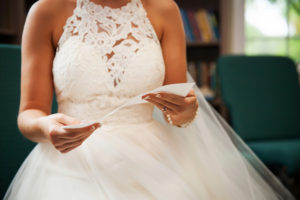 Bride Reading Groom Letter Wearing Lace Princess Scoop Neck Watters Wedding Dress