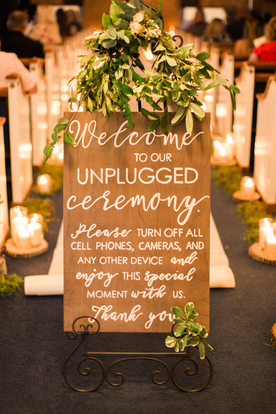 Wedding Ceremony Decor with Handpainted Wood Unplugged Wedding Sign with Greenery and Candles