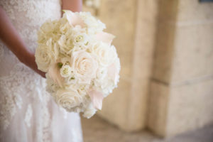 Bride with Blush Pink and White Rose Bouquet by Tampa Bay Wedding Florist Wonderland Floral Art