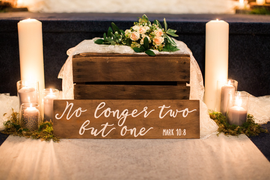 Wedding Ceremony Decor with Handpainted Wood Sign with Greenery Blush Roses and Pillar Candles