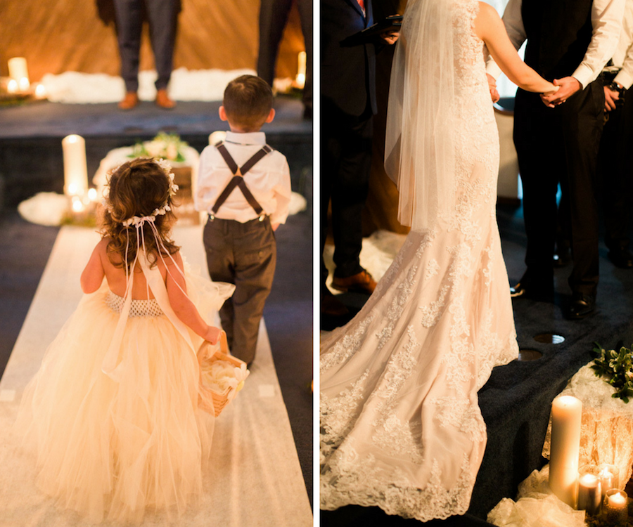 Wedding Ceremony Photos with Ring Bearer and Flower Girl and Long Lace Train and Pillar Candles