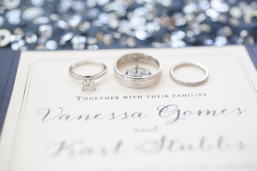 Elegant Navy and White Nautical Wedding Invitation with White Gold Wedding Rings and Bands