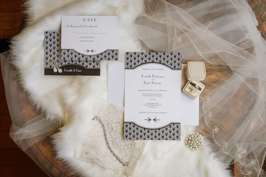 Roaring 20s Themed Black and White Wedding Invitation Suite and Bridal Accessories with Pearl Jewelry and Wedding Band and Engagement Ring