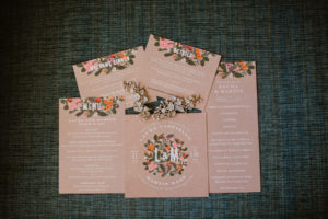 Rustic Blush Pink Floral Wedding Invitation Suite, Menu, and Program with Bridal Jewelry