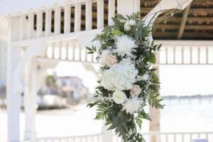 White and Blush with Ferns, Branches, and Natural Greenery Outdoor Ceremony Gazebo Decor